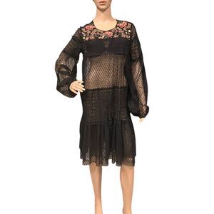 Anthropologie MAEVE Samara Black Mesh Floral Embroidered Tunic Dress Sz L